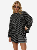 Women’s Cozy Striped Lounge Set – Loose Fit Long Sleeve Top & Shorts