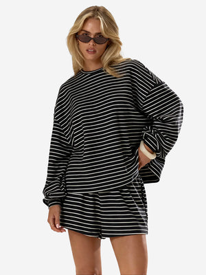 Women’s Cozy Striped Lounge Set – Loose Fit Long Sleeve Top & Shorts
