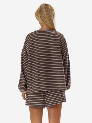 Women’s Cozy Striped Lounge Set – Loose Fit Long Sleeve Top & Shorts