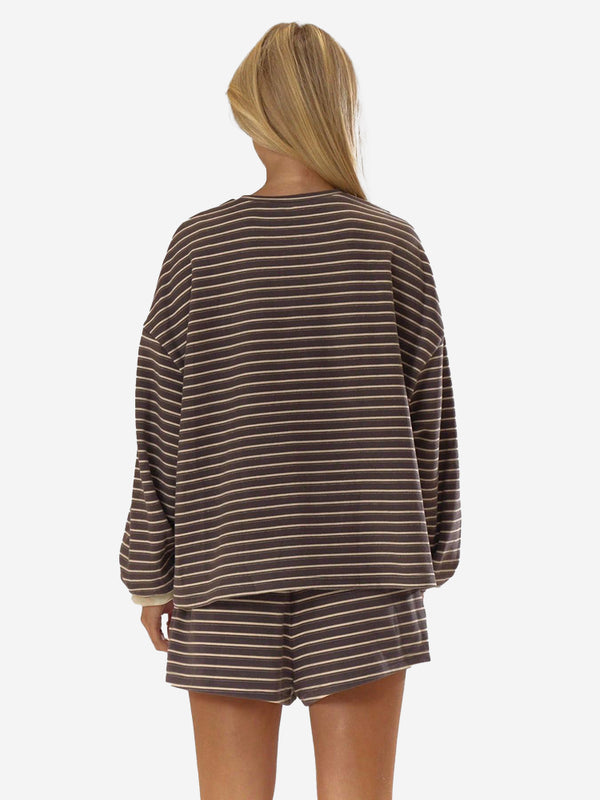 Women’s Cozy Striped Lounge Set – Loose Fit Long Sleeve Top & Shorts