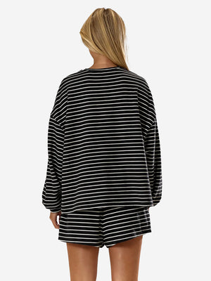 Women’s Cozy Striped Lounge Set – Loose Fit Long Sleeve Top & Shorts