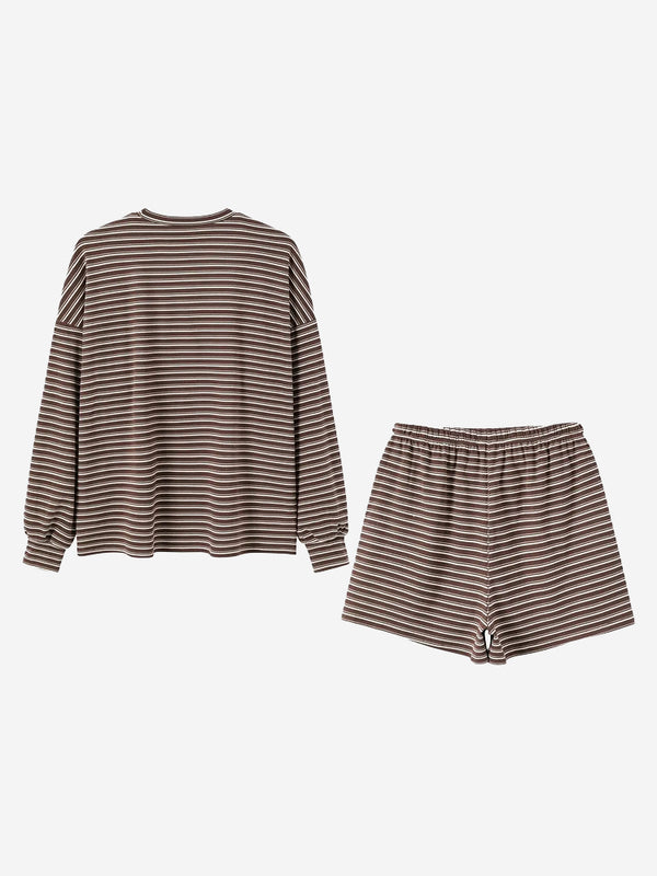 Women’s Cozy Striped Lounge Set – Loose Fit Long Sleeve Top & Shorts