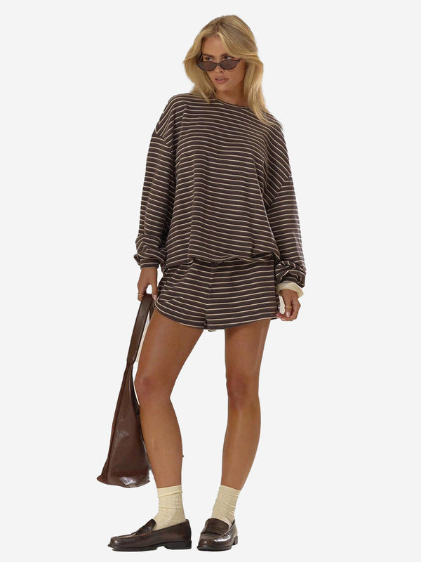 Women’s Cozy Striped Lounge Set – Loose Fit Long Sleeve Top & Shorts