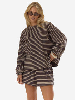 Women’s Cozy Striped Lounge Set – Loose Fit Long Sleeve Top & Shorts