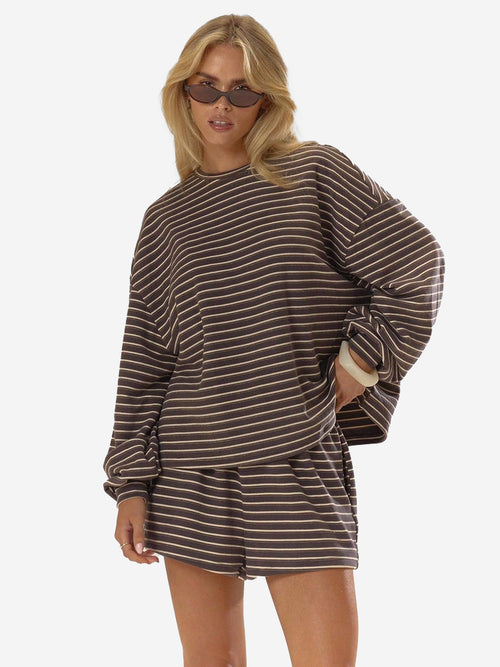 Women’s Cozy Striped Lounge Set – Loose Fit Long Sleeve Top & Shorts