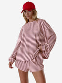Women’s Cozy Striped Lounge Set – Loose Fit Long Sleeve Top & Shorts