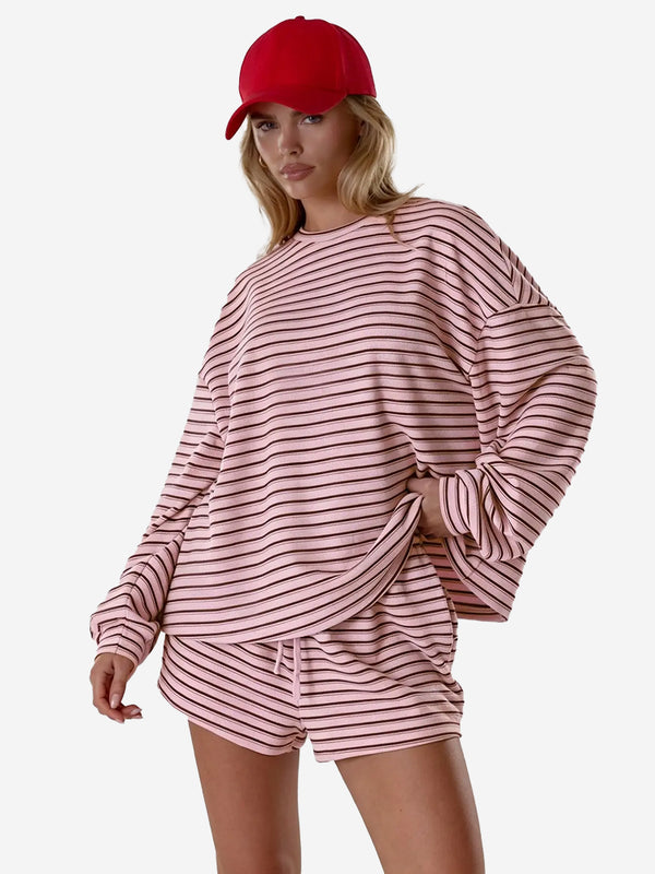 Women’s Cozy Striped Lounge Set – Loose Fit Long Sleeve Top & Shorts