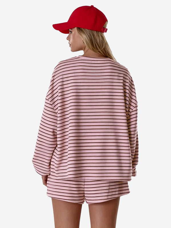 Women’s Cozy Striped Lounge Set – Loose Fit Long Sleeve Top & Shorts