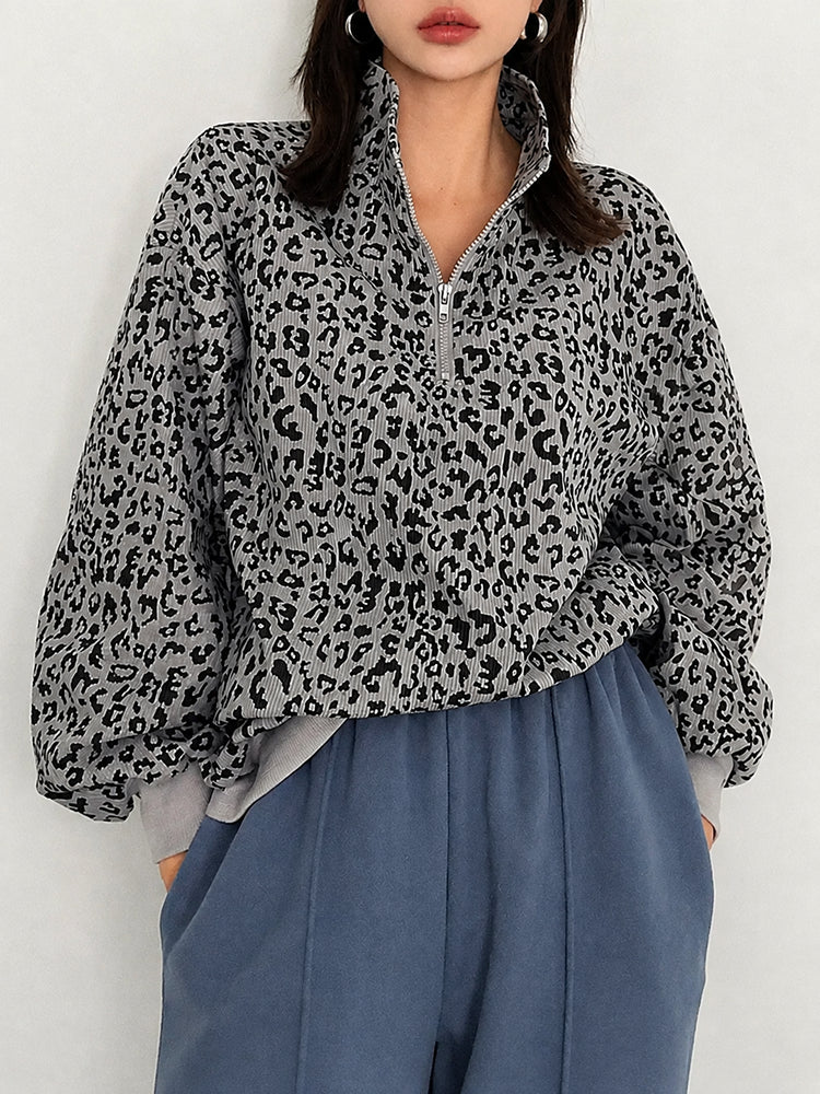 Oversized Leopard Half Zip Drop Shoulder Sweatshirt