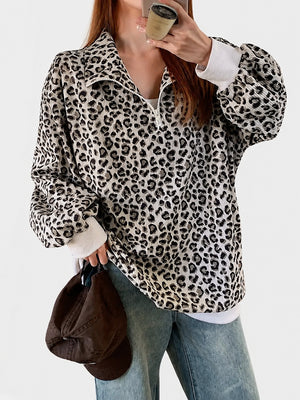 Oversized Leopard Half Zip Drop Shoulder Sweatshirt