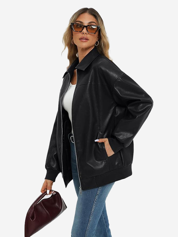 Oversized Faux Leather Bomber Jacket