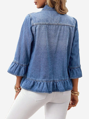 Women’s Vintage Ruffle Denim Jacket – Washed Cropped Long Sleeve Jean Jacket