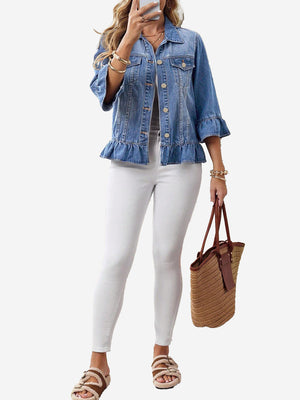 Women’s Vintage Ruffle Denim Jacket – Washed Cropped Long Sleeve Jean Jacket