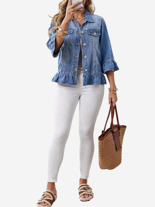 Women’s Vintage Ruffle Denim Jacket – Washed Cropped Long Sleeve Jean Jacket
