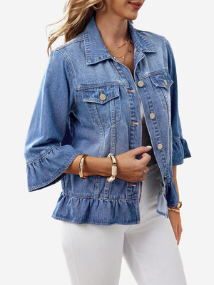 Women’s Vintage Ruffle Denim Jacket – Washed Cropped Long Sleeve Jean Jacket