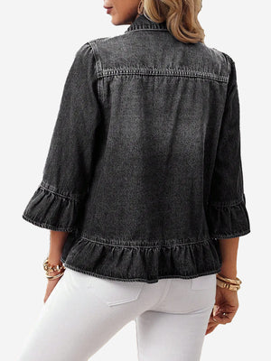 Women’s Vintage Ruffle Denim Jacket – Washed Cropped Long Sleeve Jean Jacket