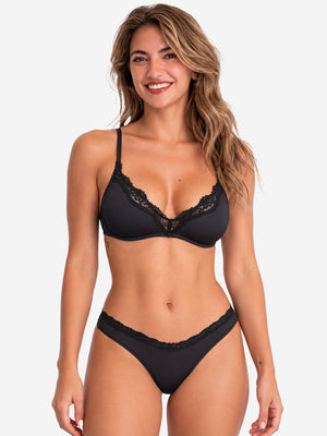 Women's Unlined Lace Plunge Bra – Deep V Balconette Underwire Demi Bra