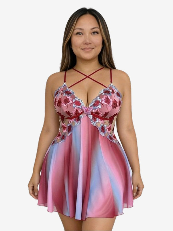 Romantic Floral Embroidered Plus Size Babydoll