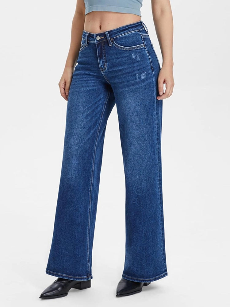 Mid Low Rise Baggy Stretchy Wide Leg Distressed Jeans