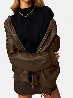 Oversized Faux Leather Bomber Jacket