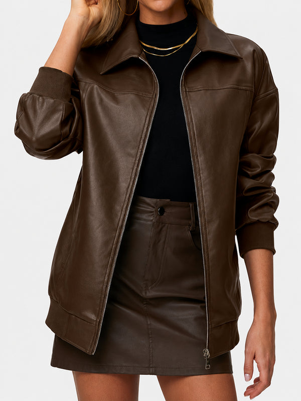 Oversized Faux Leather Bomber Jacket