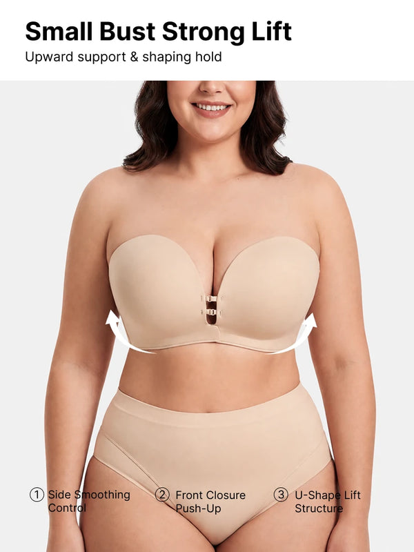 Plus-Size Women's Strapless Double Front Clasp Push-Up Bra (Fits D/DD/F Cups)