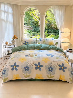 Cozy Printed Duvet Cover Set – Soft Brushed-Finish 4-Piece Bedding Set with Flat Sheet & Pillowcases