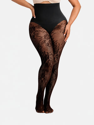 Women’s High-Waist Shaping Tights – Floral Lace Tummy Control Pantyhose