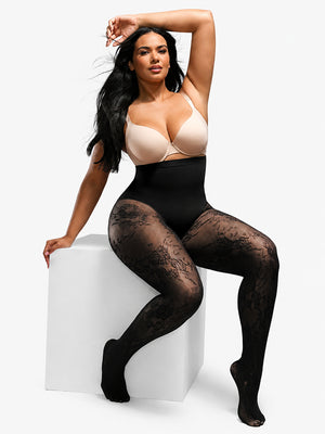 Women’s High-Waist Shaping Tights – Floral Lace Tummy Control Pantyhose