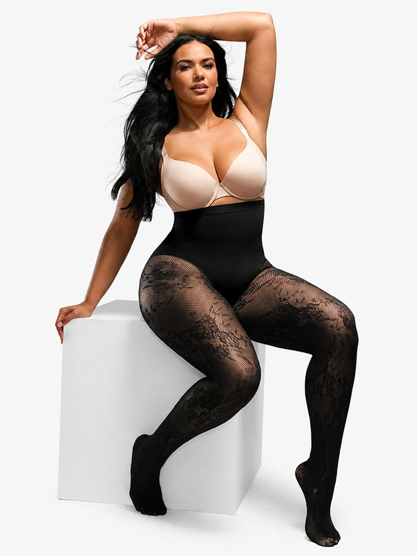 Women’s High-Waist Shaping Tights – Floral Lace Tummy Control Pantyhose