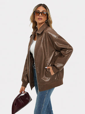 Oversized Faux Leather Bomber Jacket