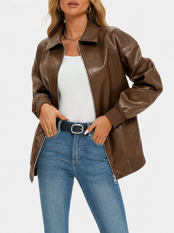Oversized Faux Leather Bomber Jacket