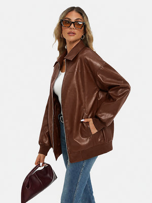 Oversized Faux Leather Bomber Jacket