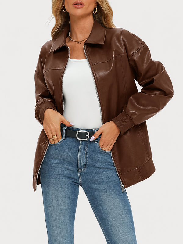 Oversized Faux Leather Bomber Jacket