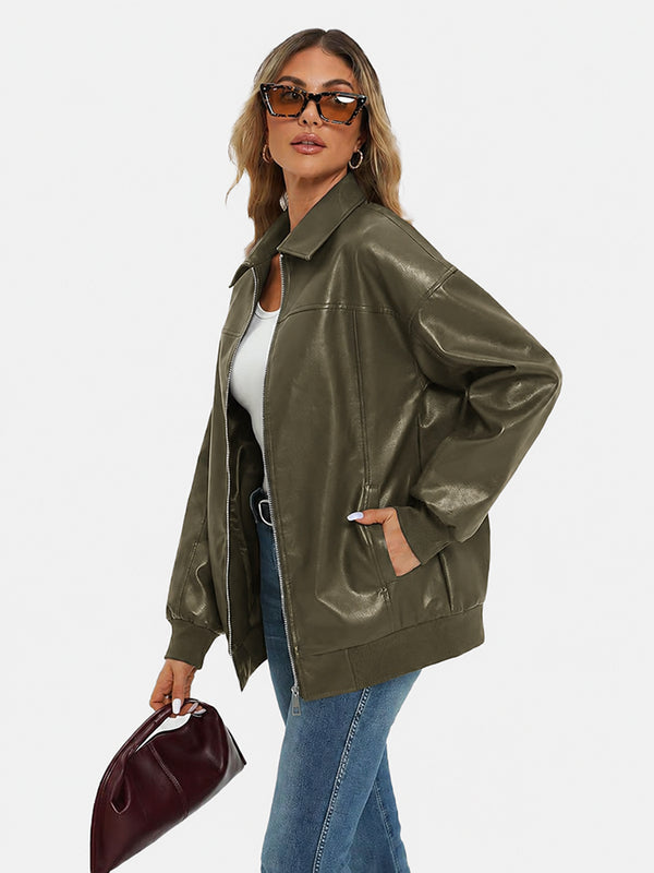 Oversized Faux Leather Bomber Jacket