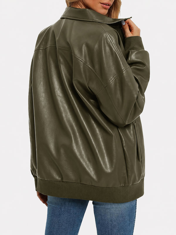 Oversized Faux Leather Bomber Jacket