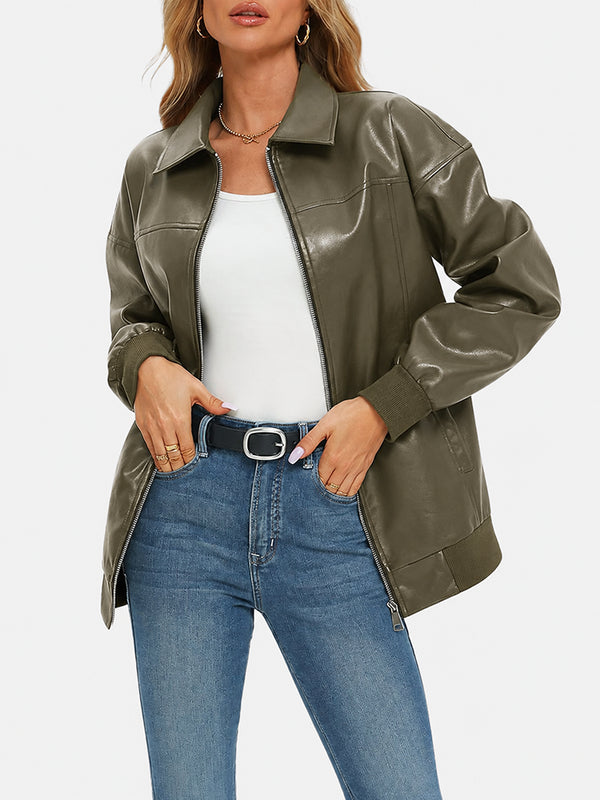 Oversized Faux Leather Bomber Jacket