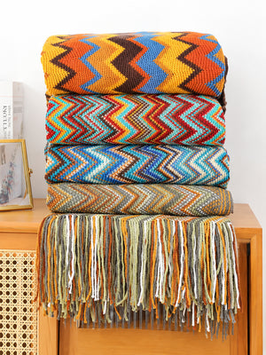 Boho Knit Throw Blanket – Lightweight Cozy Sofa & Bed Blanket for Travel, Office & Everyday Use