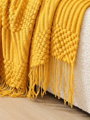 Popcorn Bobble Knit Throw Blanket with Tassels