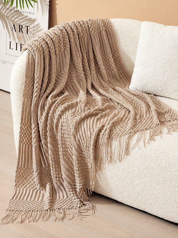 Popcorn Bobble Knit Throw Blanket with Tassels