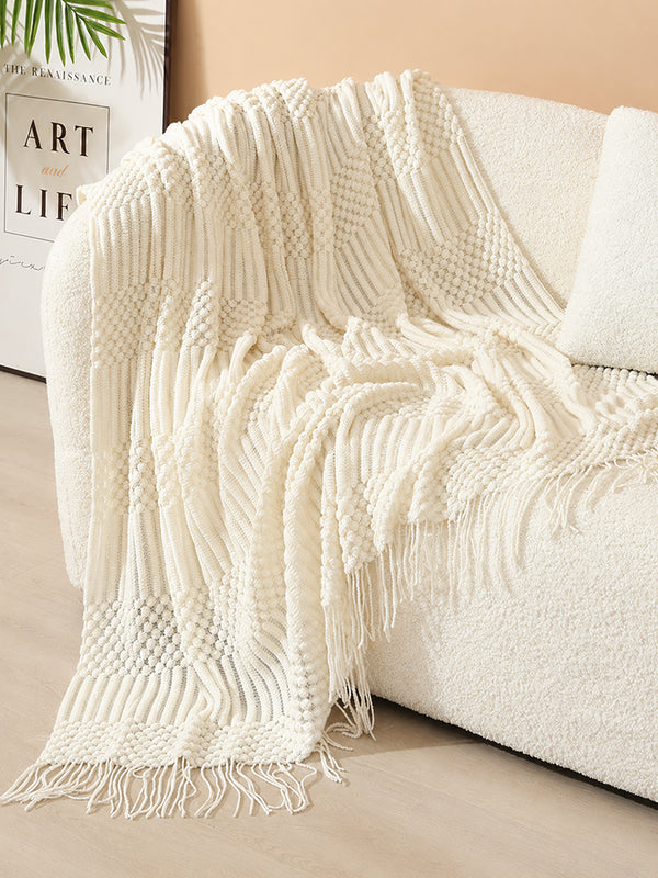 Popcorn Bobble Knit Throw Blanket with Tassels