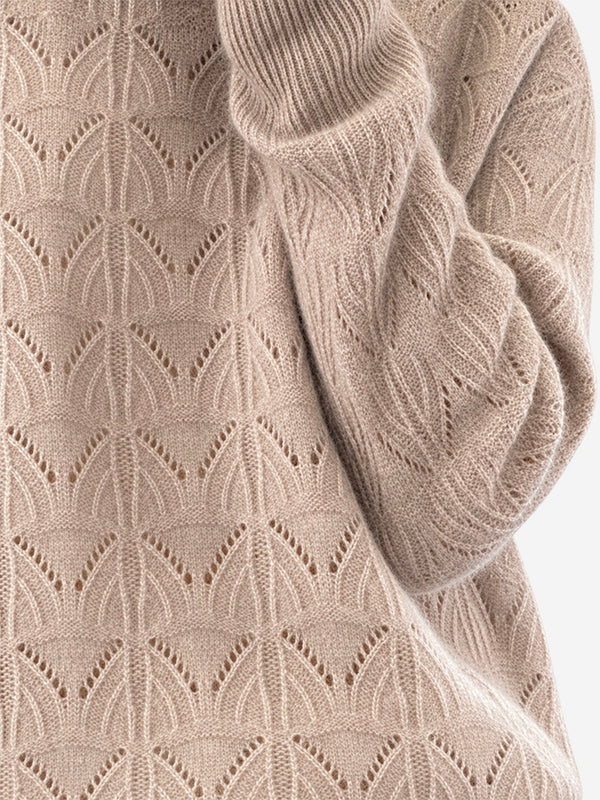 Women’s 100% Wool Openwork Sweater – Crew Neck Long Sleeve Relaxed Knit Pullover