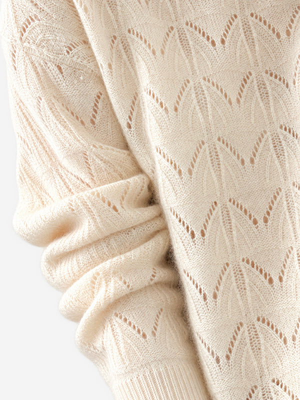 Women’s 100% Wool Openwork Sweater – Crew Neck Long Sleeve Relaxed Knit Pullover