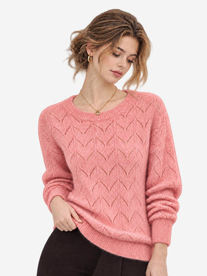 Women’s 100% Wool Openwork Sweater – Crew Neck Long Sleeve Relaxed Knit Pullover