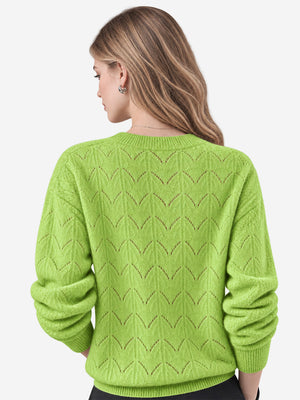 Women’s 100% Wool Openwork Sweater – Crew Neck Long Sleeve Relaxed Knit Pullover
