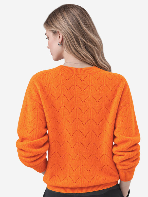 Women’s 100% Wool Openwork Sweater – Crew Neck Long Sleeve Relaxed Knit Pullover
