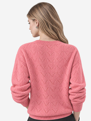 Women’s 100% Wool Openwork Sweater – Crew Neck Long Sleeve Relaxed Knit Pullover