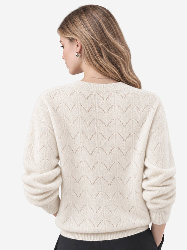 Women’s 100% Wool Openwork Sweater – Crew Neck Long Sleeve Relaxed Knit Pullover