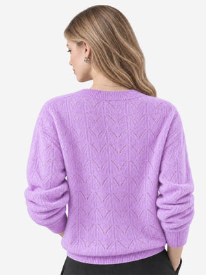 Women’s 100% Wool Openwork Sweater – Crew Neck Long Sleeve Relaxed Knit Pullover