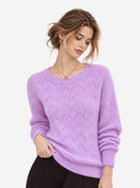 Women’s 100% Wool Openwork Sweater – Crew Neck Long Sleeve Relaxed Knit Pullover